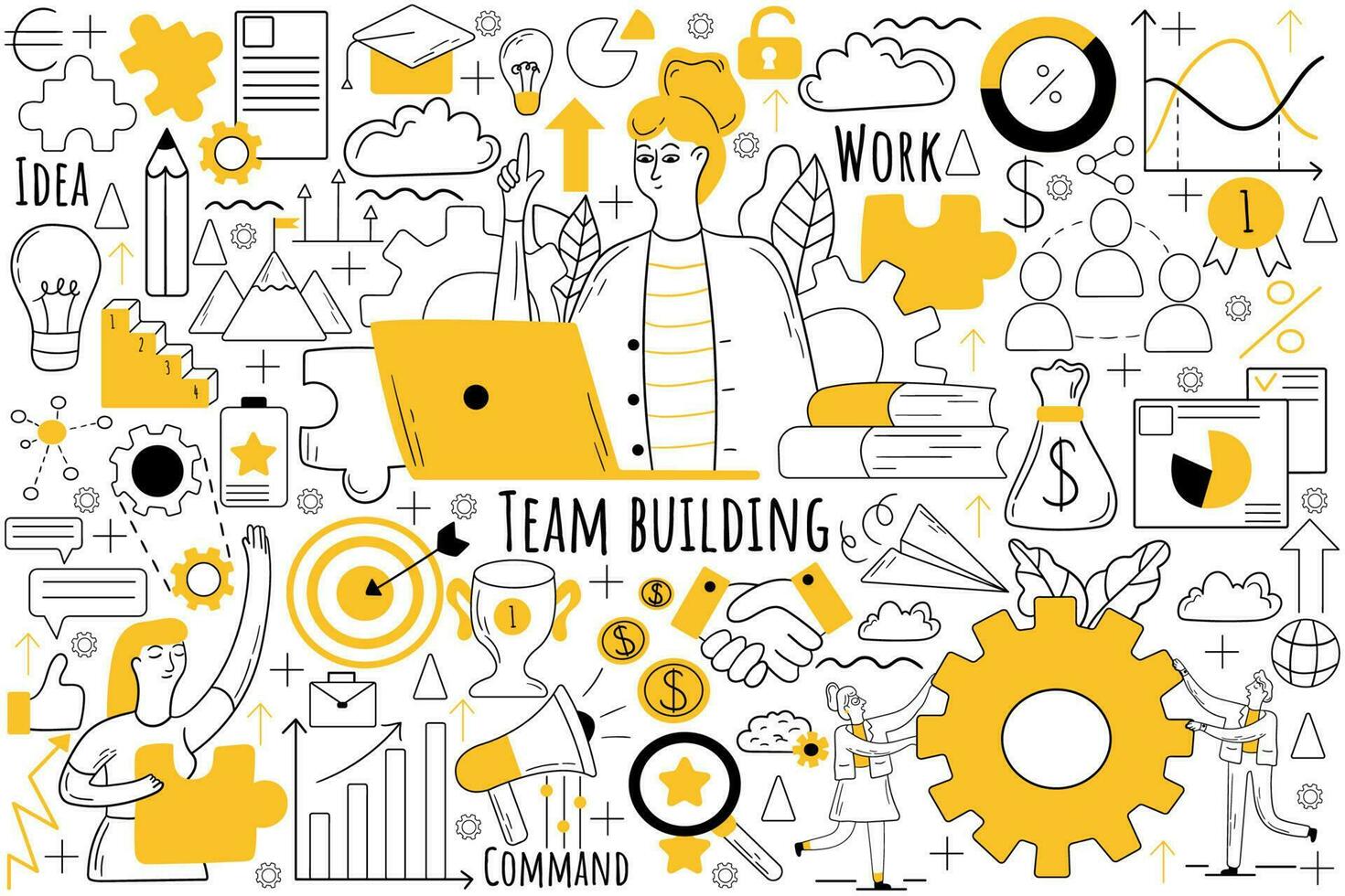 Team building doodle set. Collection of hand drawn sketches templates patterns of businesmen women clerks managers doing teamwork together. Corporate member communication and productive collaboration. vector