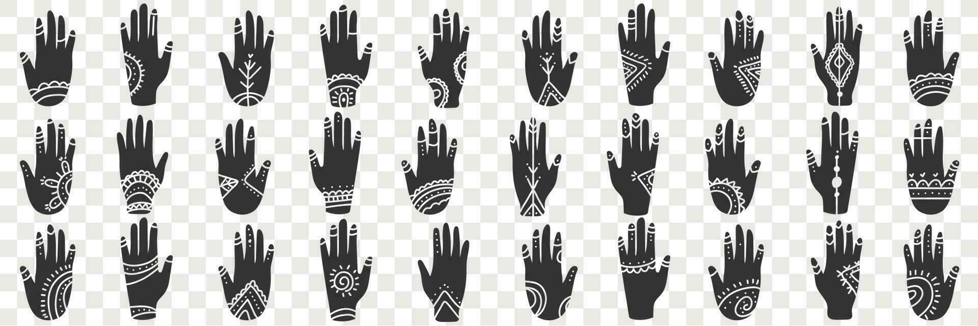 Human hands with occult signs doodle set. Collection of hand drawn various black human hands with spiritual signs and symbols in rows isolated on transparent vector