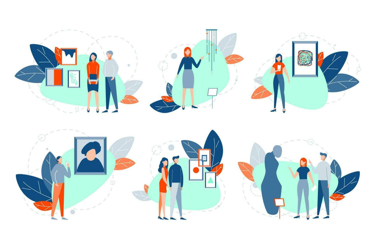 Modern art exhibition set concept. Collection people men and women standing near showpieces, paintings, scultures, installations of modern art exhibition in museum or art gallery. Flat vector