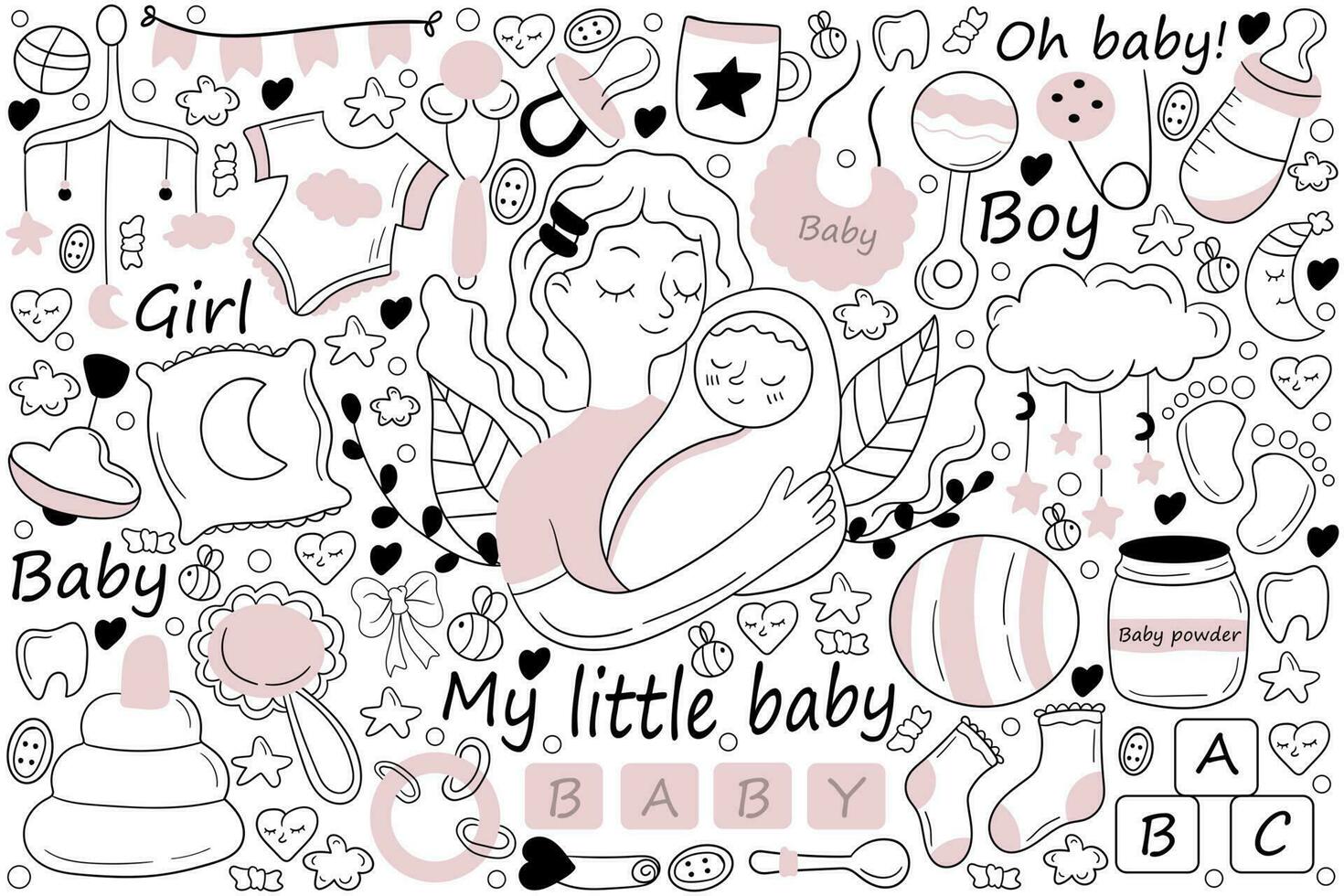 My little baby doodle set. Collection of hand drawn sketches templates drawing patterns of mother holding hugging child girl boy toddler. Motherhood or mothers day and childhood illustration. vector