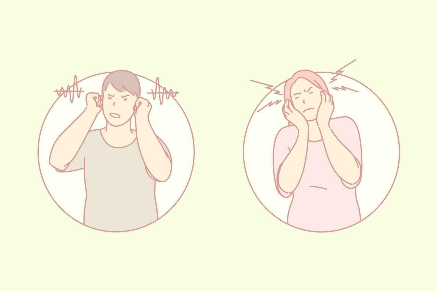 Refusal to listen, closing ears, hearing problem concept. Young man irritated with surrounding noise and sounds. Woman holding head, suffering from headache, migraine. Simple flat vector