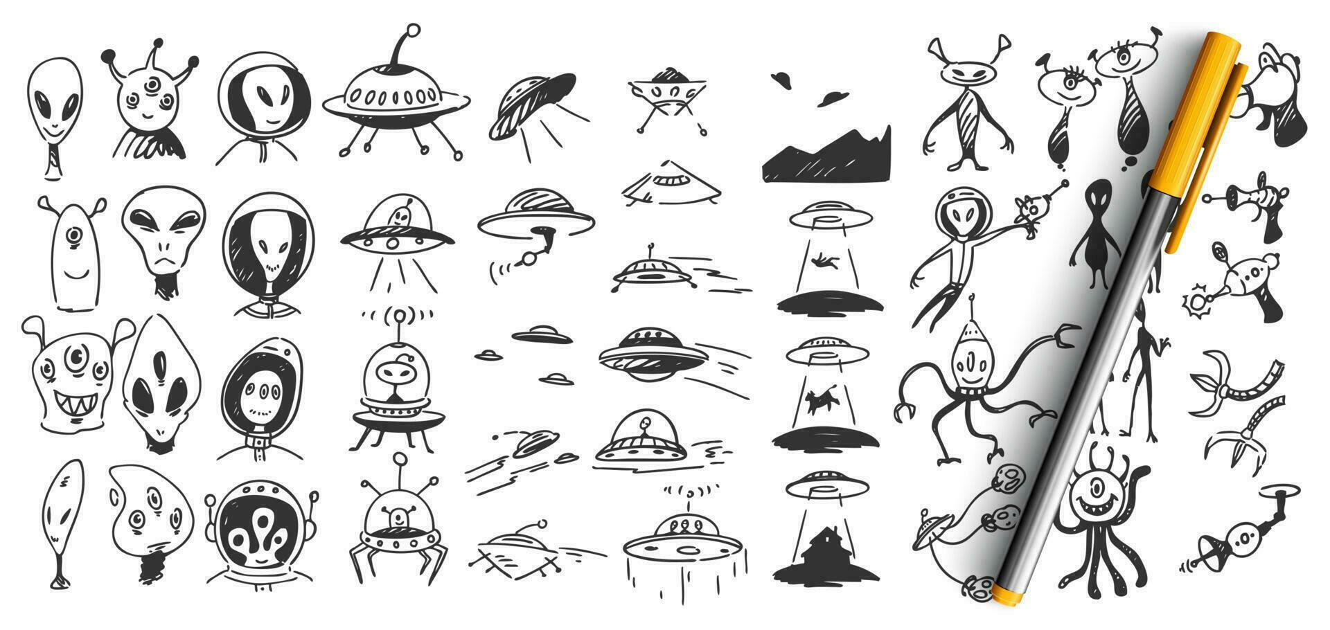 Aliens doodle set vector