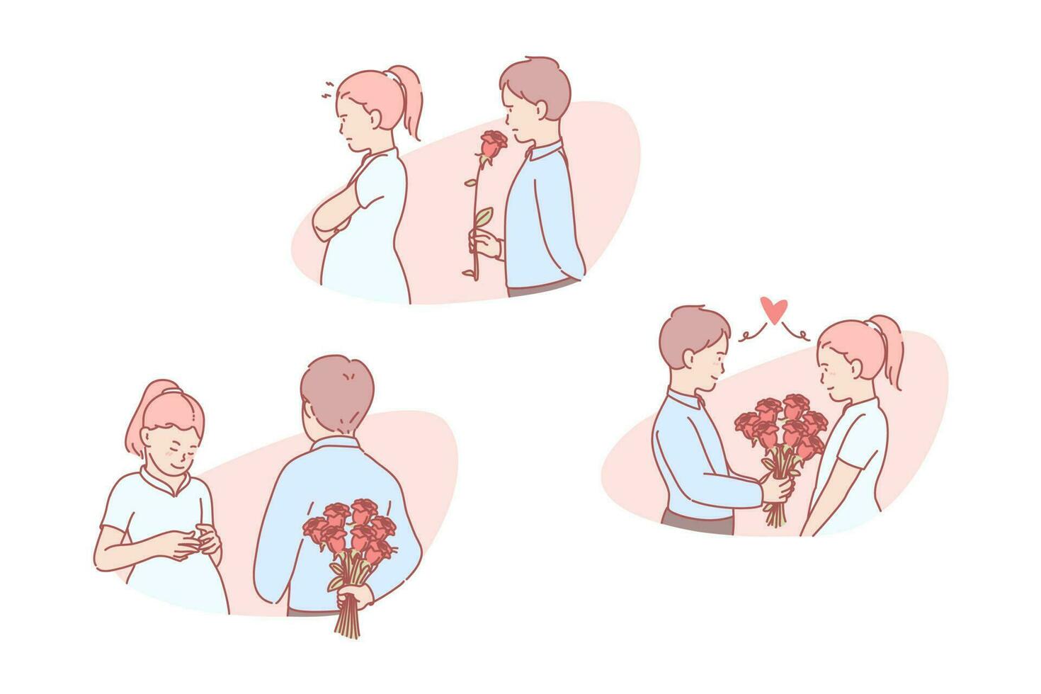 amar, romántico, relación, invitación, colocar. chiflado por joven chico presentación ramo de flores a muchacha. romántico niño relación en amor. fecha invitación. sincero adolescente sensación de Persona especial sencillo plano vector. vector