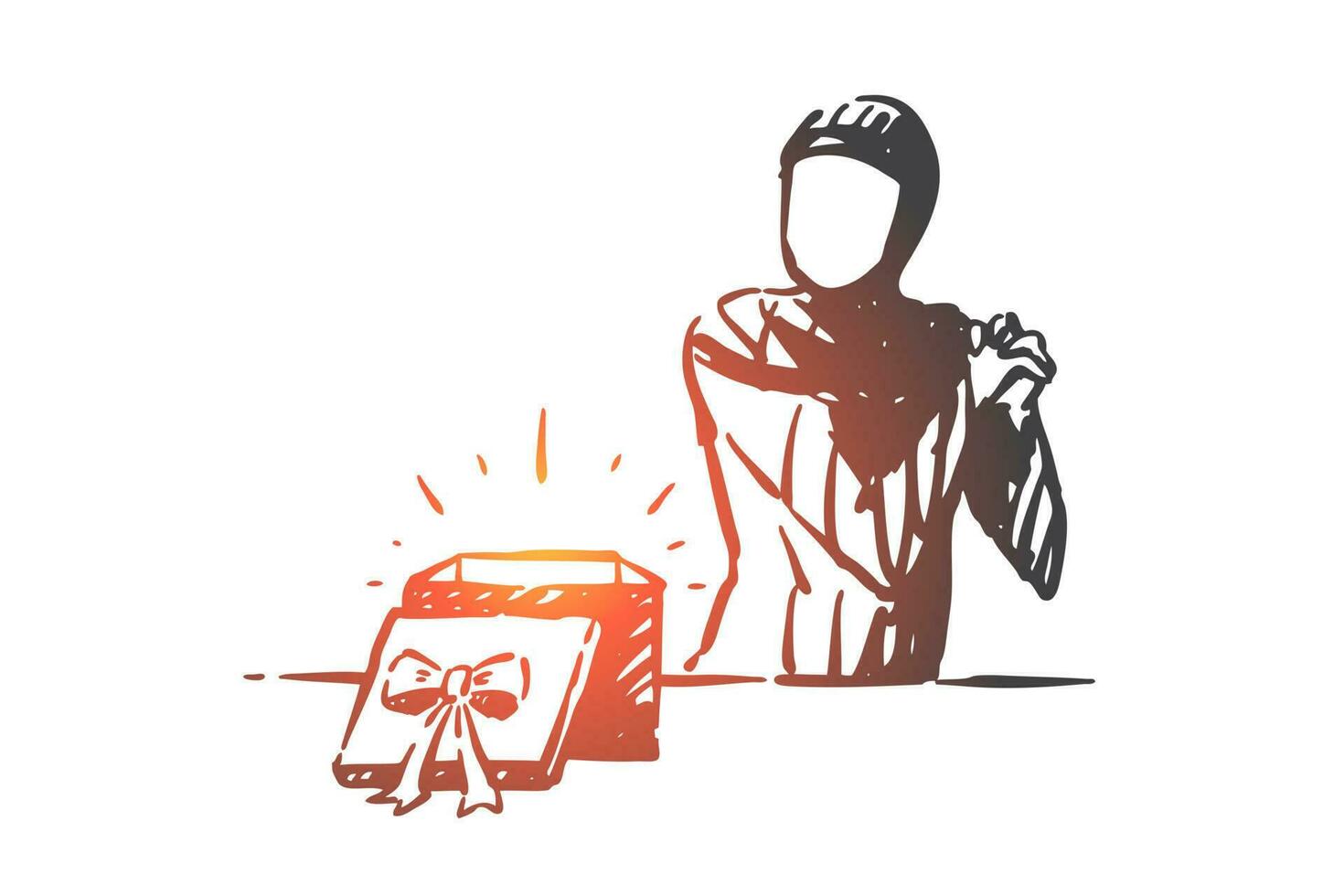 Muslim woman happy with gift box concept sketch. Hand drawn isolated vector