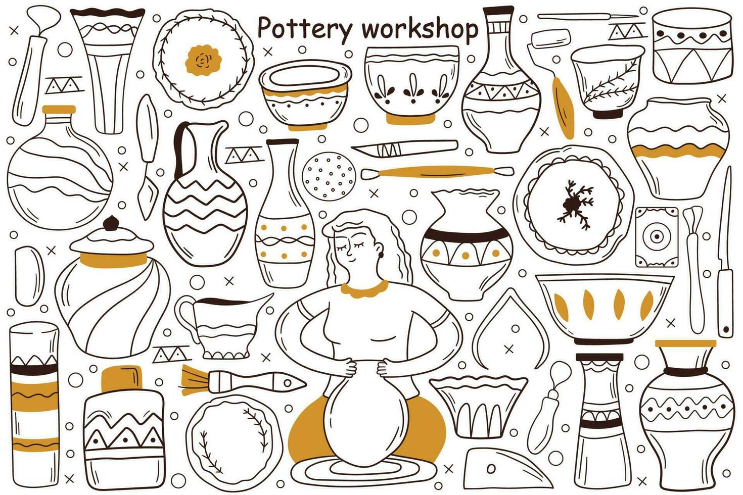Pottery workshop doodle set. Collection of hand drawn sketches templates patterns of woman craftsman artist manking pot at special wheel. Creative occupation production handmade ceramics clay items. vector