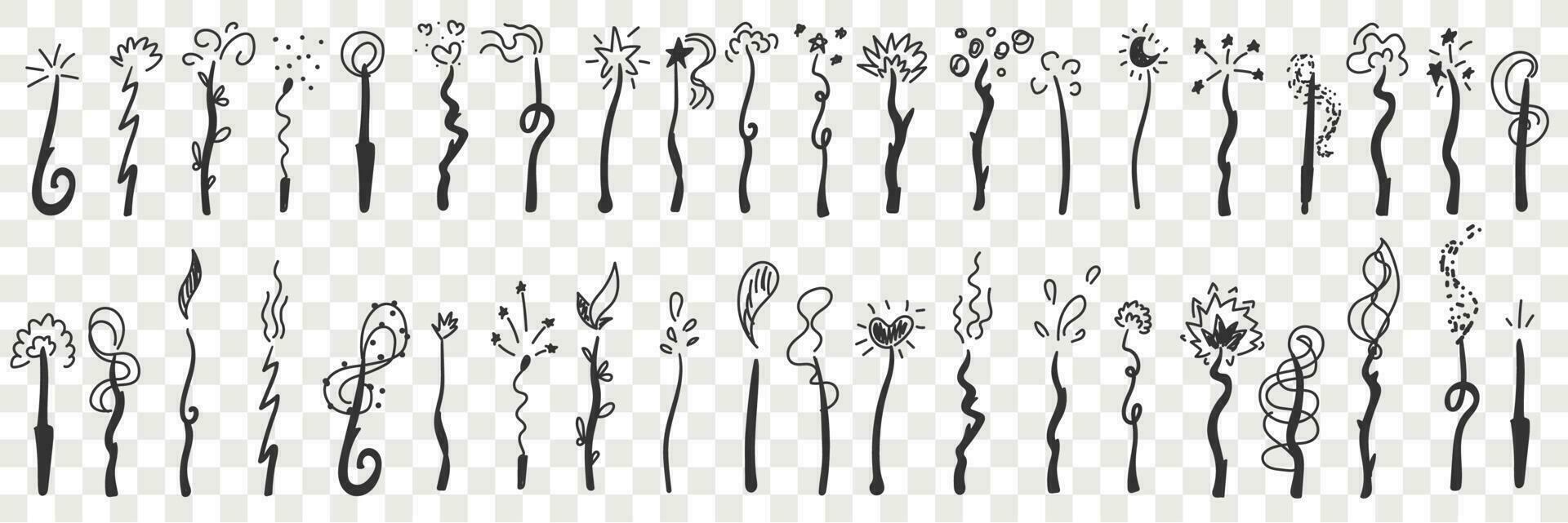 Stems with stars and flames doodle set. Collection of hand drawn various floral stems with stars fires flames on top in rows isolated on transparent vector