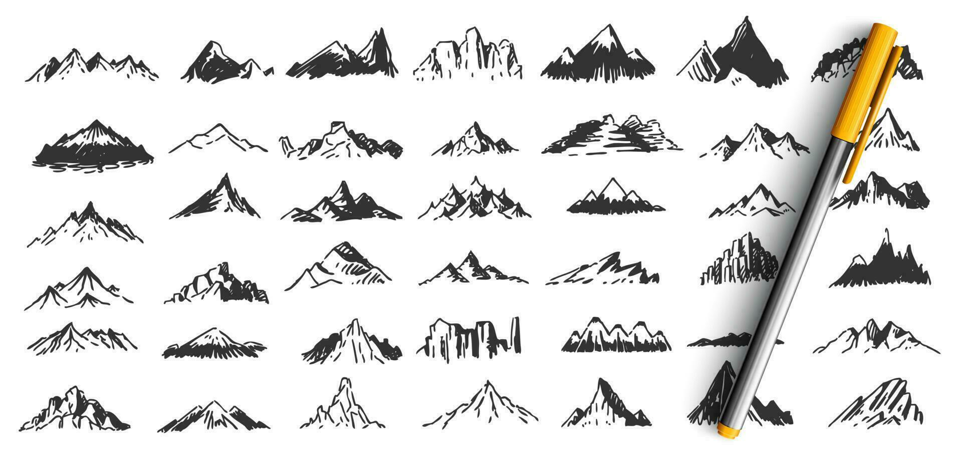 Hand drawn mountain peaks doodle set vector