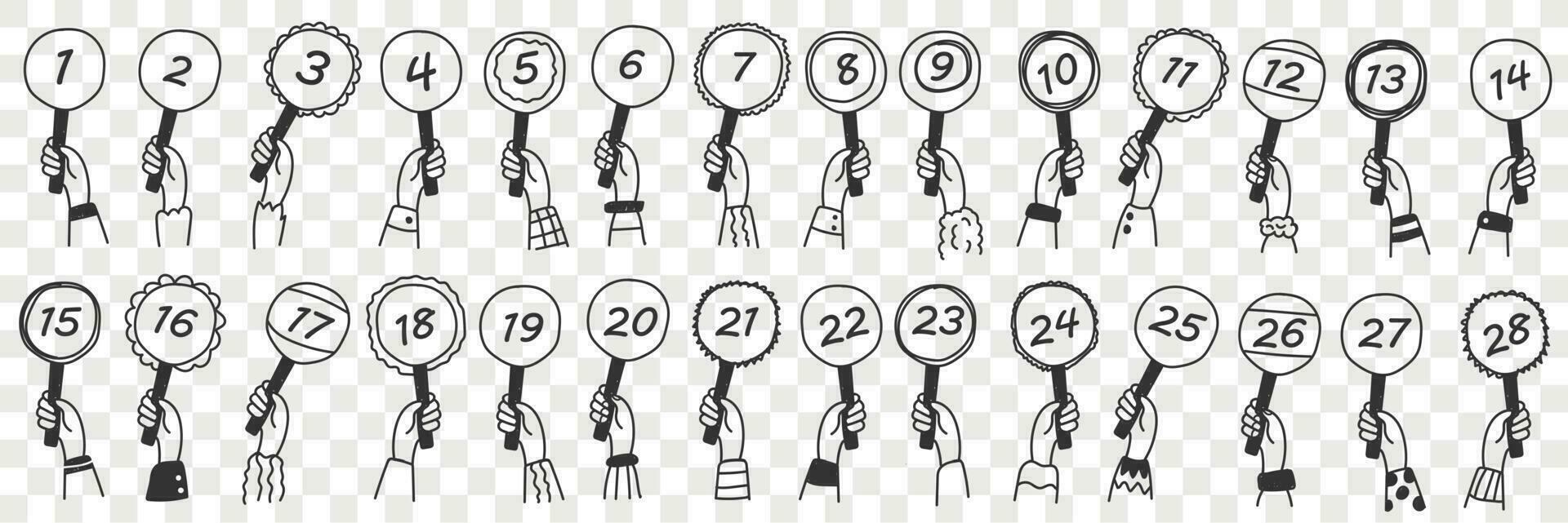 Human hands with number signs doodle set. Collection of hand drawn human hands holding signs with numbers from one to twenty eight isolated on transparent vector