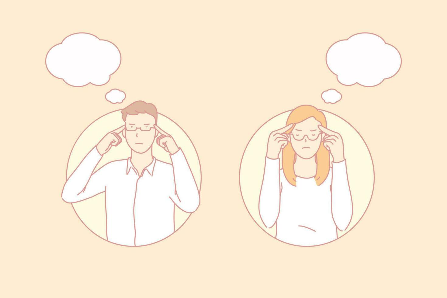 Thoughtful people, important decision, concentrated worker concept. Man and woman focused on considering important solution. Students trying to memorize or recall information. Simple flat vector
