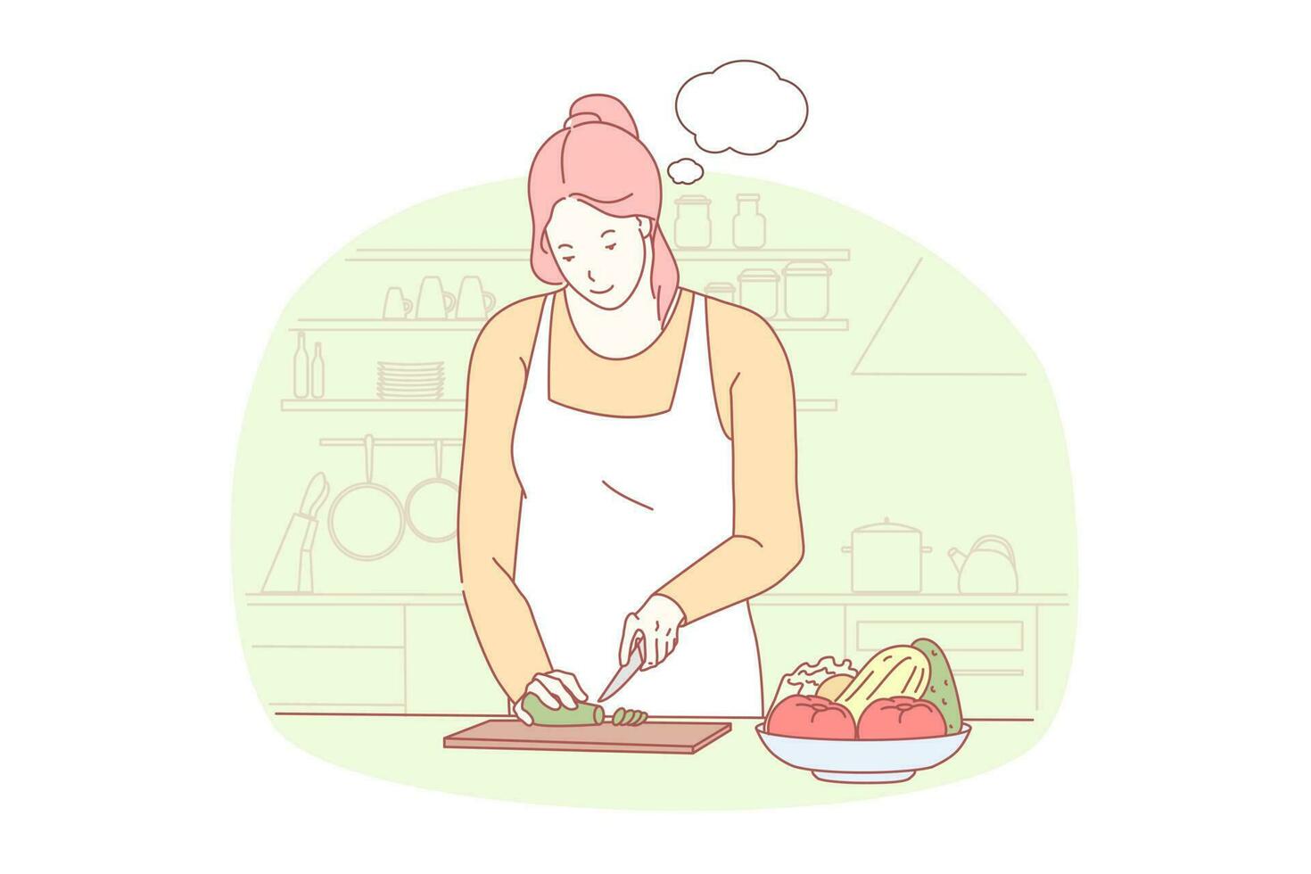 Cooking, preparing dinner, gastronomy concept. Working and dreaming, diet food, healthy nutrition, young woman cutting vegetables, girl making salad and speech bubble. Simple flat vector