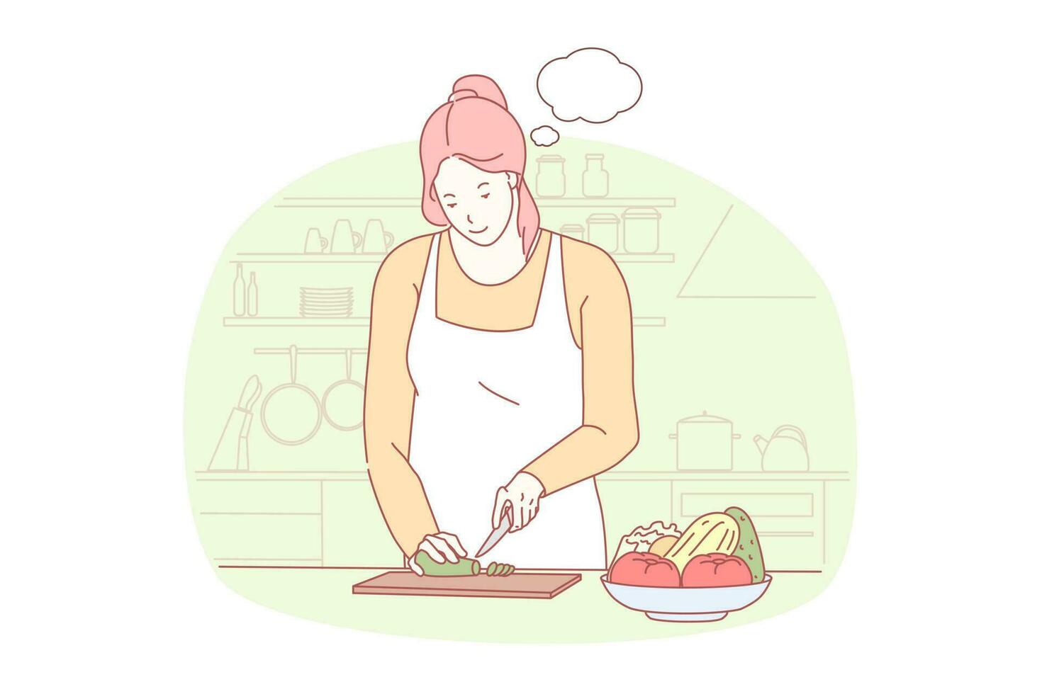 cocinando, preparando cena, gastronomía concepto. trabajando y soñando, dieta alimento, sano nutrición, joven mujer corte verduras, niña haciendo ensalada y habla burbuja. sencillo plano vector