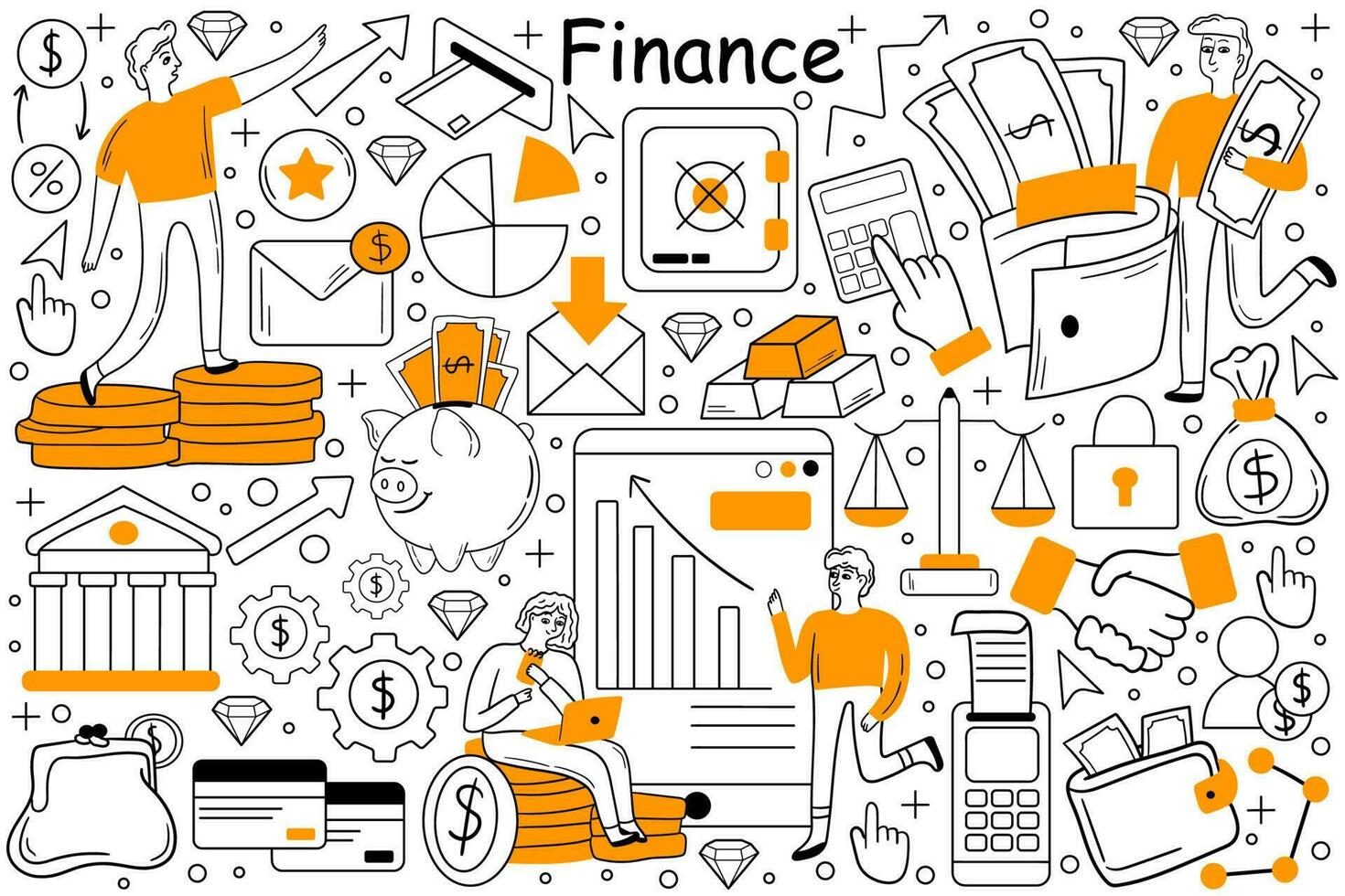 Finance doodle set. Collection of hand drawn templates patterns of businesspeople working together developing financial strategy for business. Data analysis or return of investment and money growth. vector