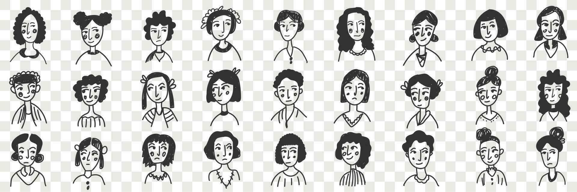 Hairstyles of brunette women and men doodle set. Collection of hand drawn female and male faces with various short and long straight and curly hairstyles portraits isolated on transparent vector