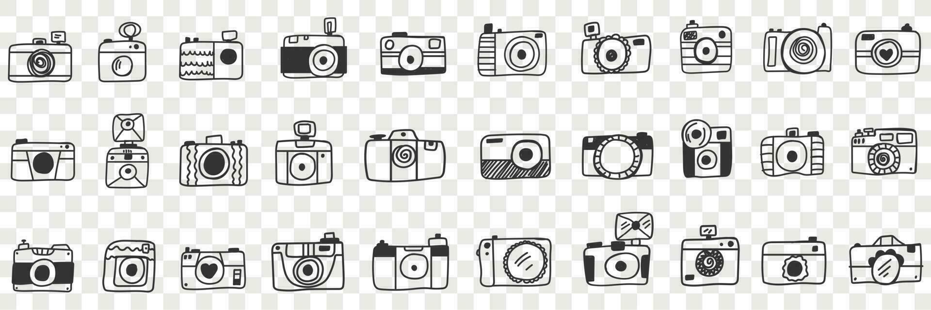 Photo camera with lens doodle set. Collection of hand drawn various photo camera equipment for photographers work isolated on transparent vector