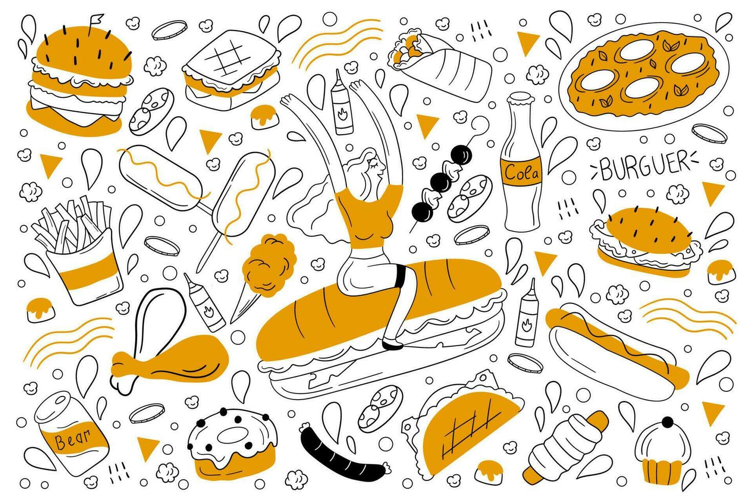 Fast food doodle set. Collection of hand drawn sketches templates of people eatig junk meal burgers sandwitch hot dog fried chicken french fries potato. Unhealthy nutrition and lifestyle illustration. vector