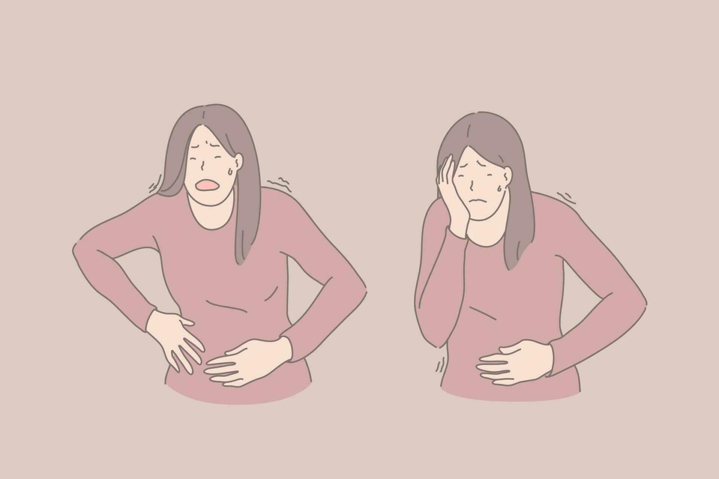 Disease symptoms, abdominal pain, stomach ache and headache, sickness concept vector