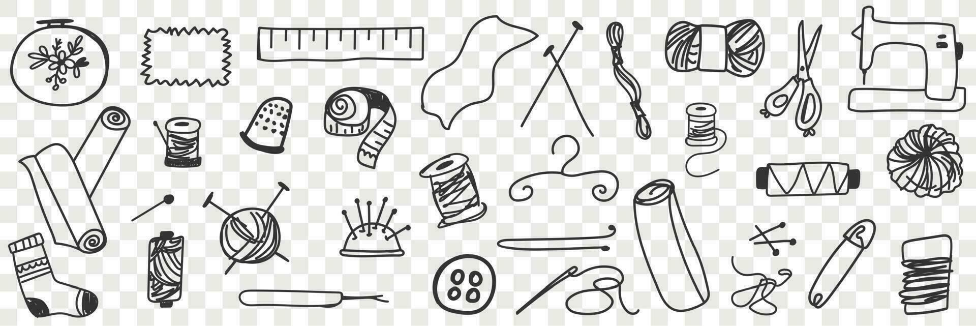 herramientas para de coser garabatear colocar. colección de mano dibujado medición cinta agujas tijeras de coser máquina herramientas para de coser y tejido de punto aislado en transparente vector