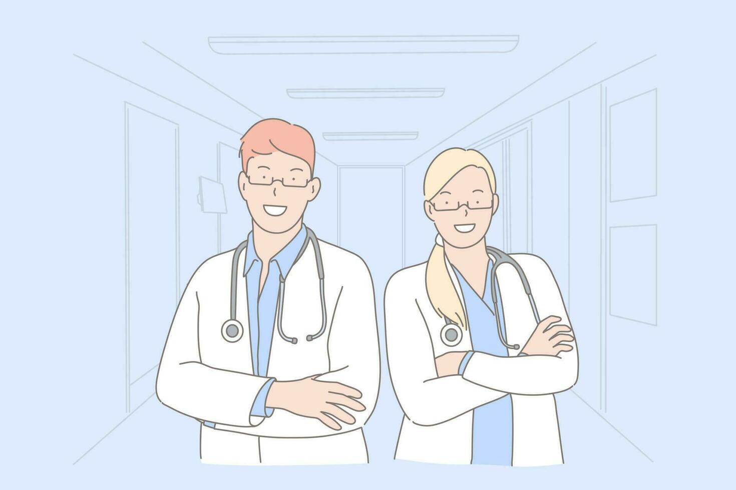 Doctors, medical workers, hospital staff concept. General practitioners wearing white coats. Smiling therapists with stethoscopes. Healthcare industry personnel. Simple flat vector