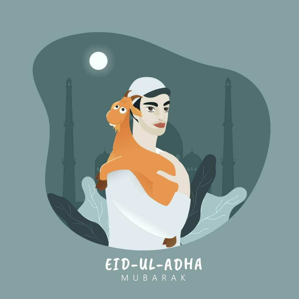 ilustración de musulmán hombre participación un dibujos animados cabra con hojas, silueta mezquita y lleno Luna en oscuro verde azulado antecedentes para eid-ul-adha Mubarak celebracion. vector