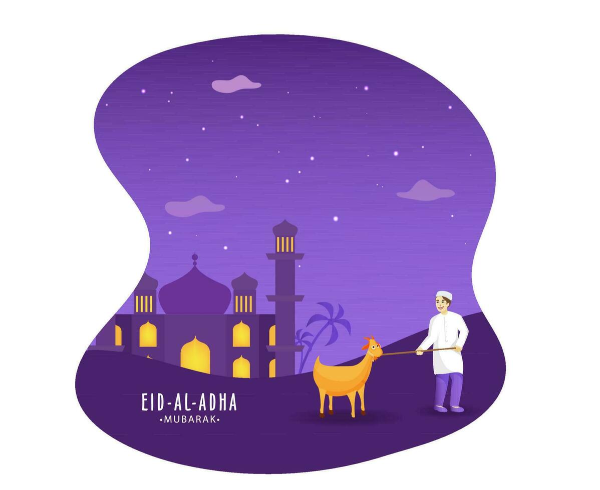 Eid-Al-Adha Mubarak Concept with Muslim Young Boy holding Rope of Goat in Front of Mosque on Abstract Purple Starry Grain Background. vector