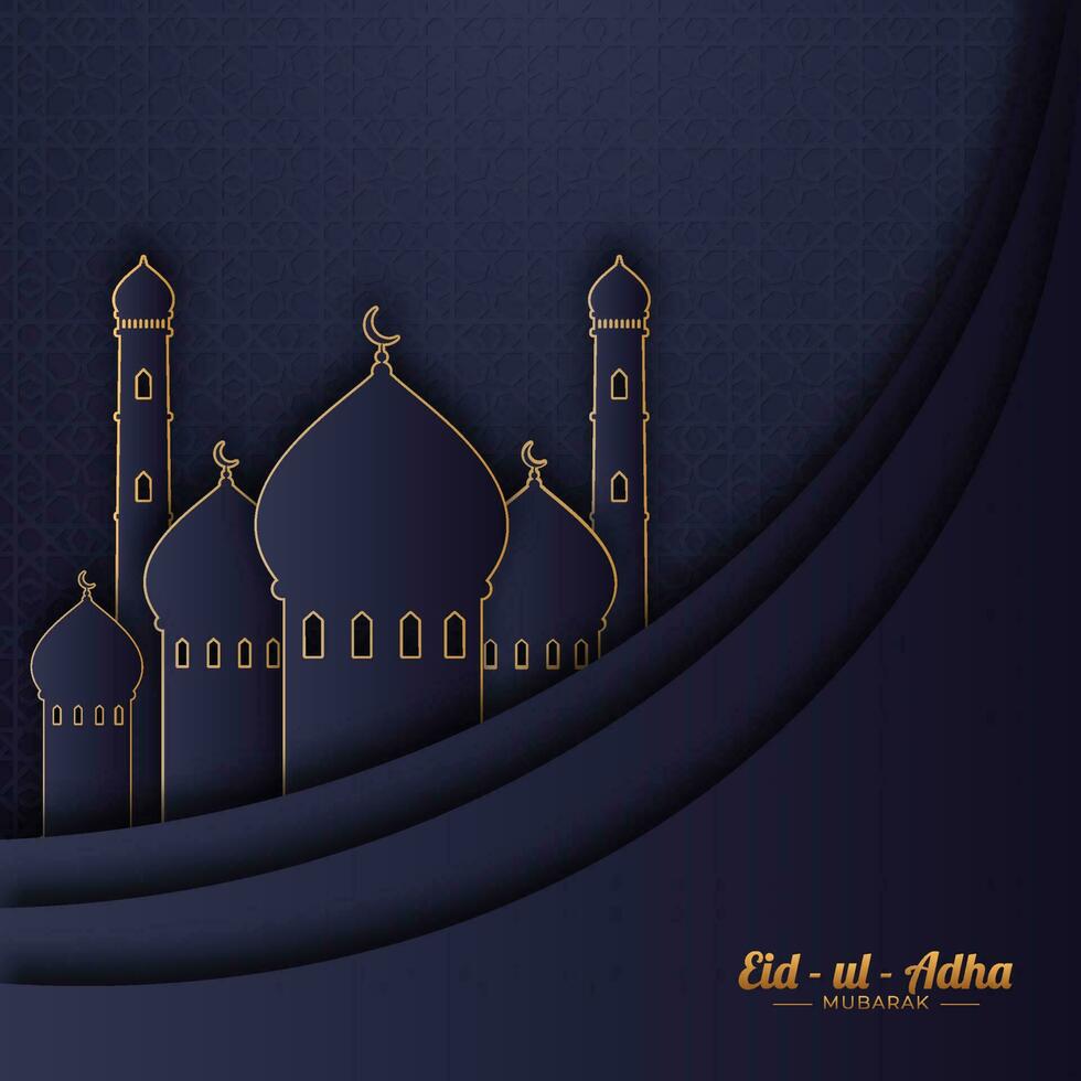 dorado eid-ul-adha Mubarak fuente con papel cortar mezquita en azul Arábica modelo antecedentes. vector