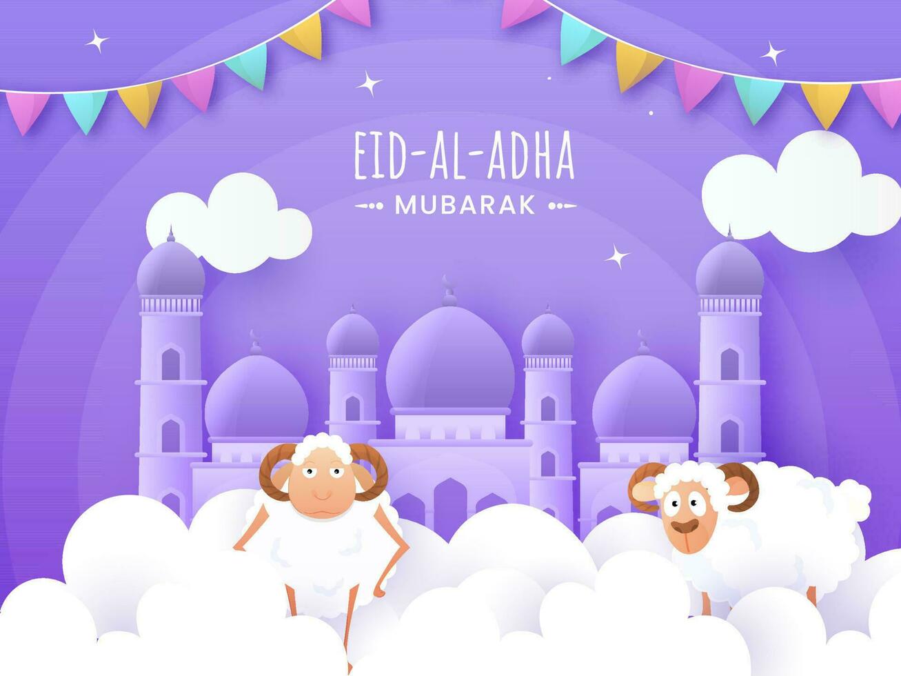 Eid al-Adha Mubarak celebracion antecedentes decorado con papel cortar nubes, mezquita, dos dibujos animados oveja ilustración. vector