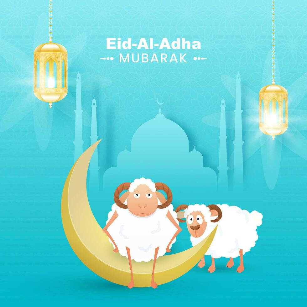 Eid al-Adha Mubarak póster diseño con dorado creciente luna, dos dibujos animados oveja, papel mezquita y colgando iluminado linternas en cielo azul Arábica modelo antecedentes. vector