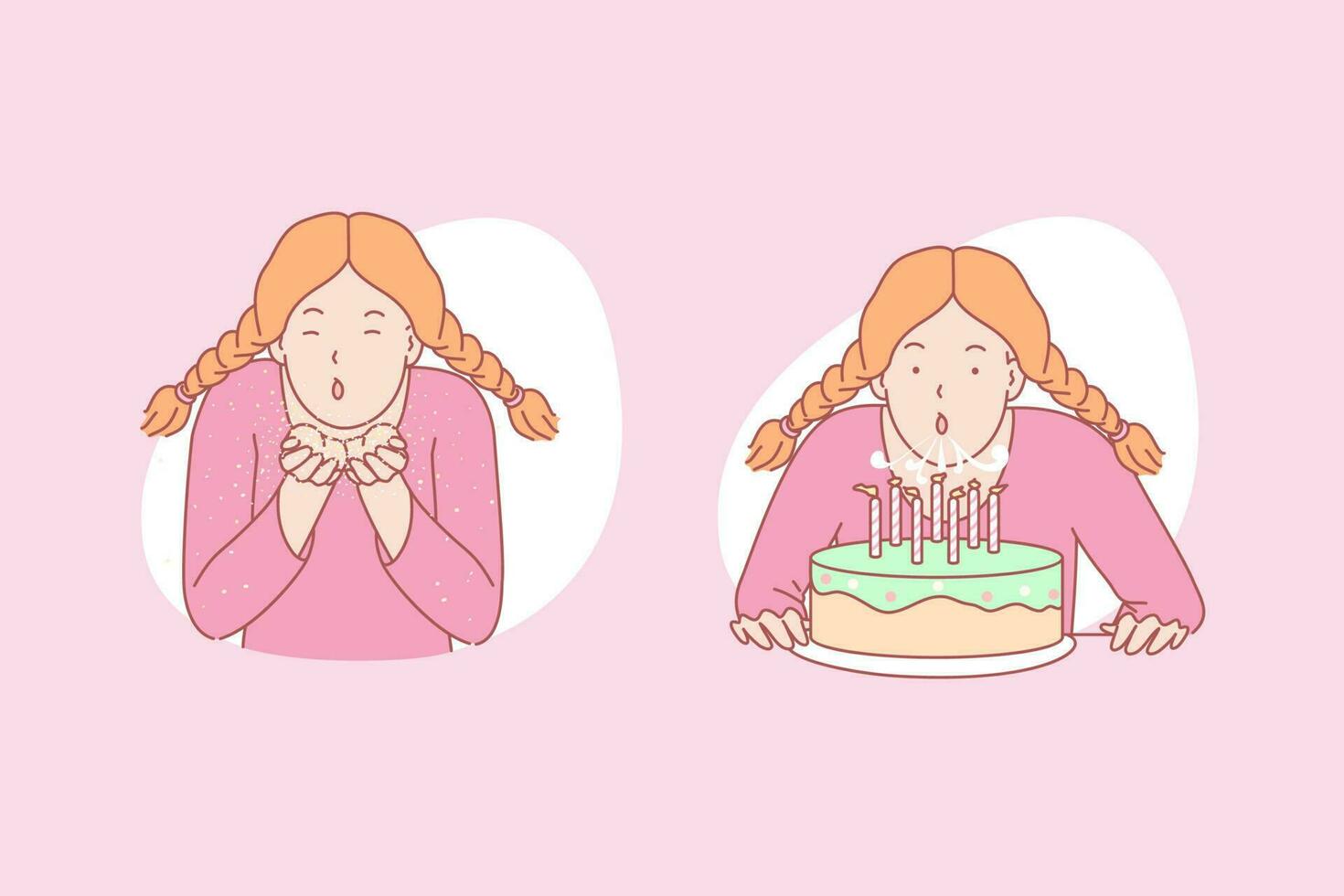 Birthday, congratulation, holiday cake concept. Happiness, good mood, positive emotions, festive atmosphere, little girl blowing out candles on torte, female child making wish. Simple flat vector
