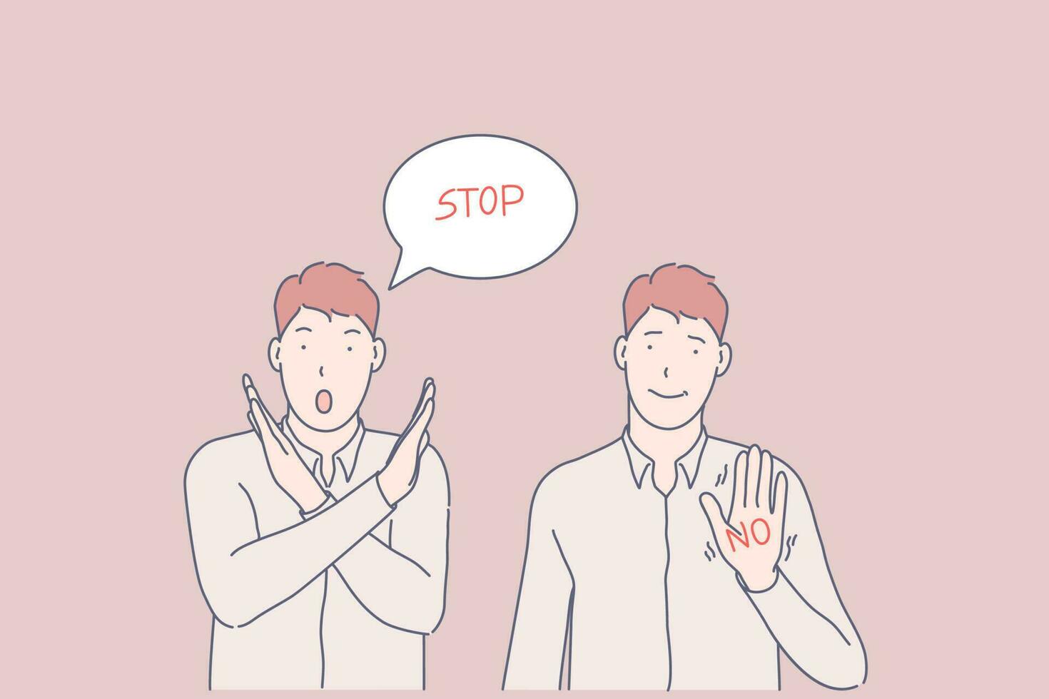 Sign language, call to stop, prohibition gesture concept. Communication, dialogue, refusing, giving up, ban, tabu, young man saying stop, denying guy and speech cloud. Simple flat vector