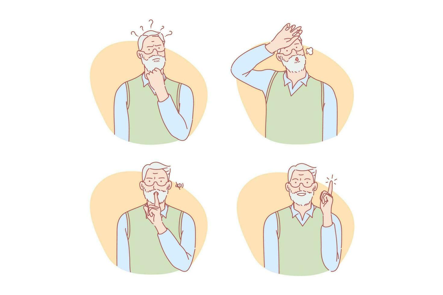 Old age, thinking, idea, silence, relief set concept vector