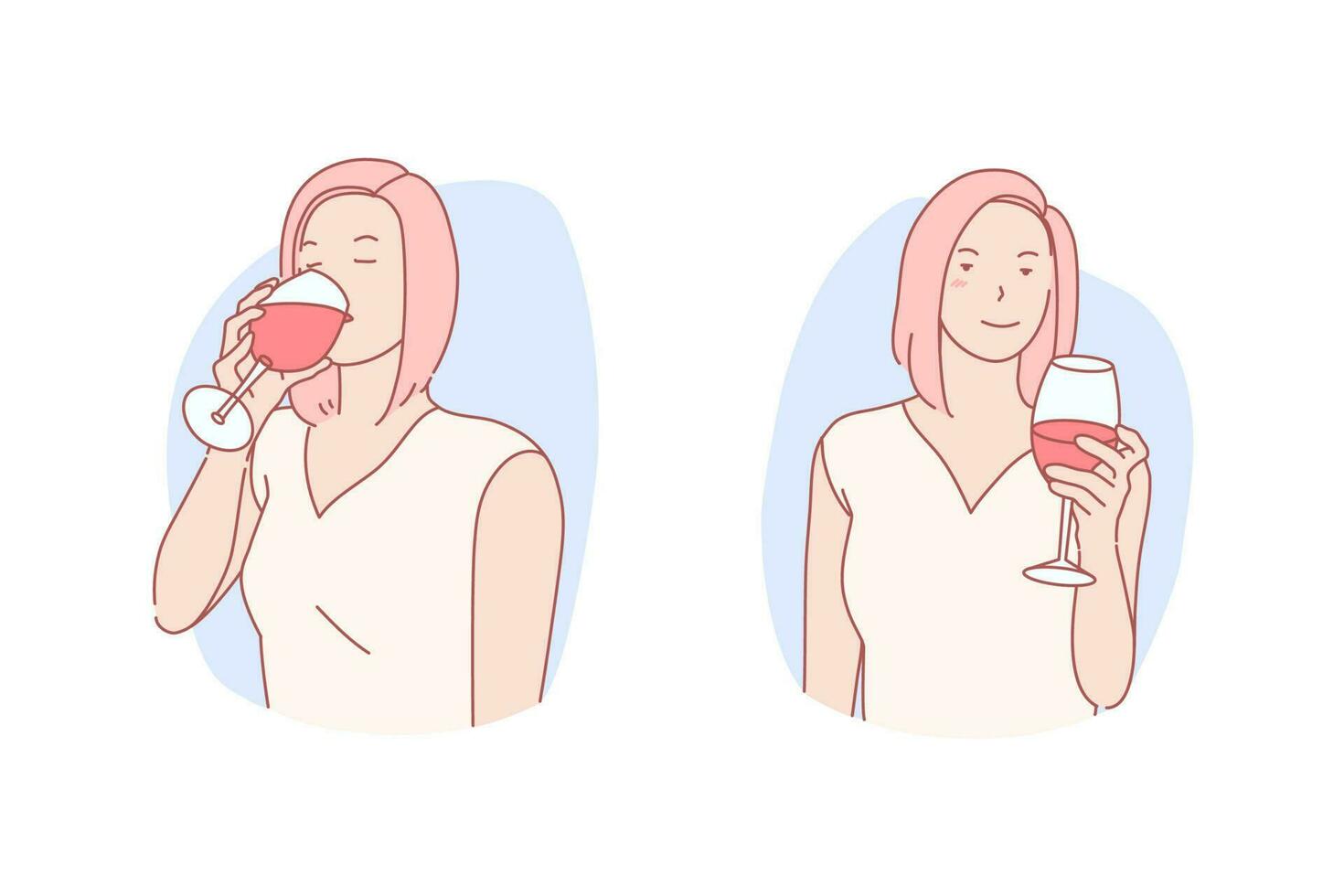 Evening leisure, bar rest, cafe recreation concept. Relaxation, enjoyment, entertainment, female party visitor, young woman with wineglass, girl drinking red wine. Simple flat vector