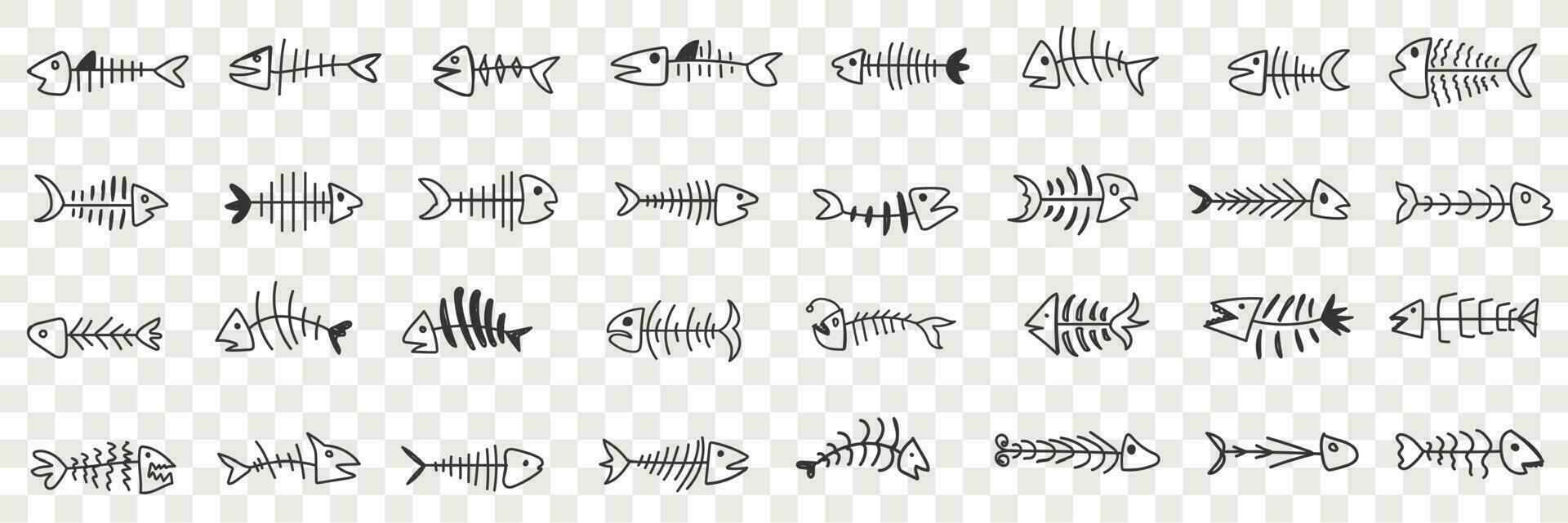 Fish bones pattern doodle set. Collection of hand drawn various shapes of fish bones skeleton with head isolated on transparent vector