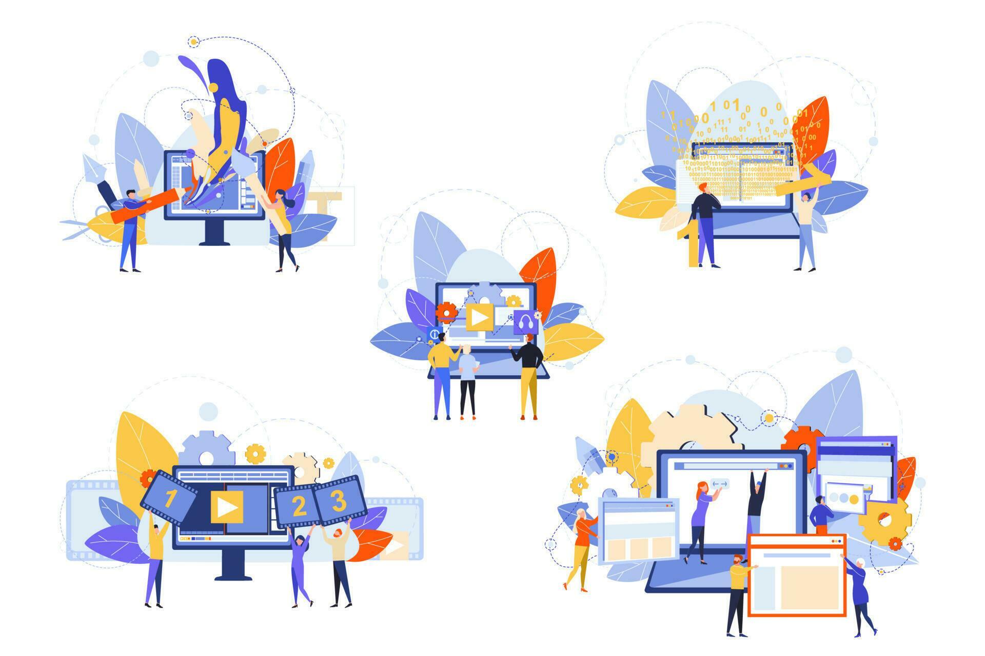 Website development, software testing, graphic design set concept