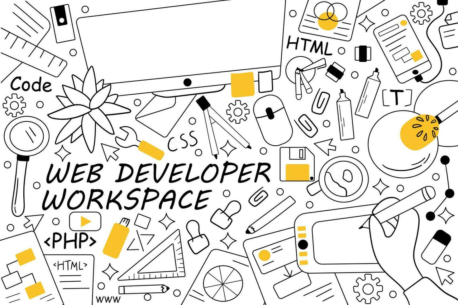Web developer workspace doodle set. Collection of hand drawn sketches templates patterns of people programmers working equipment computers keyboard laptop. Creative occupation and coding illustration. vector