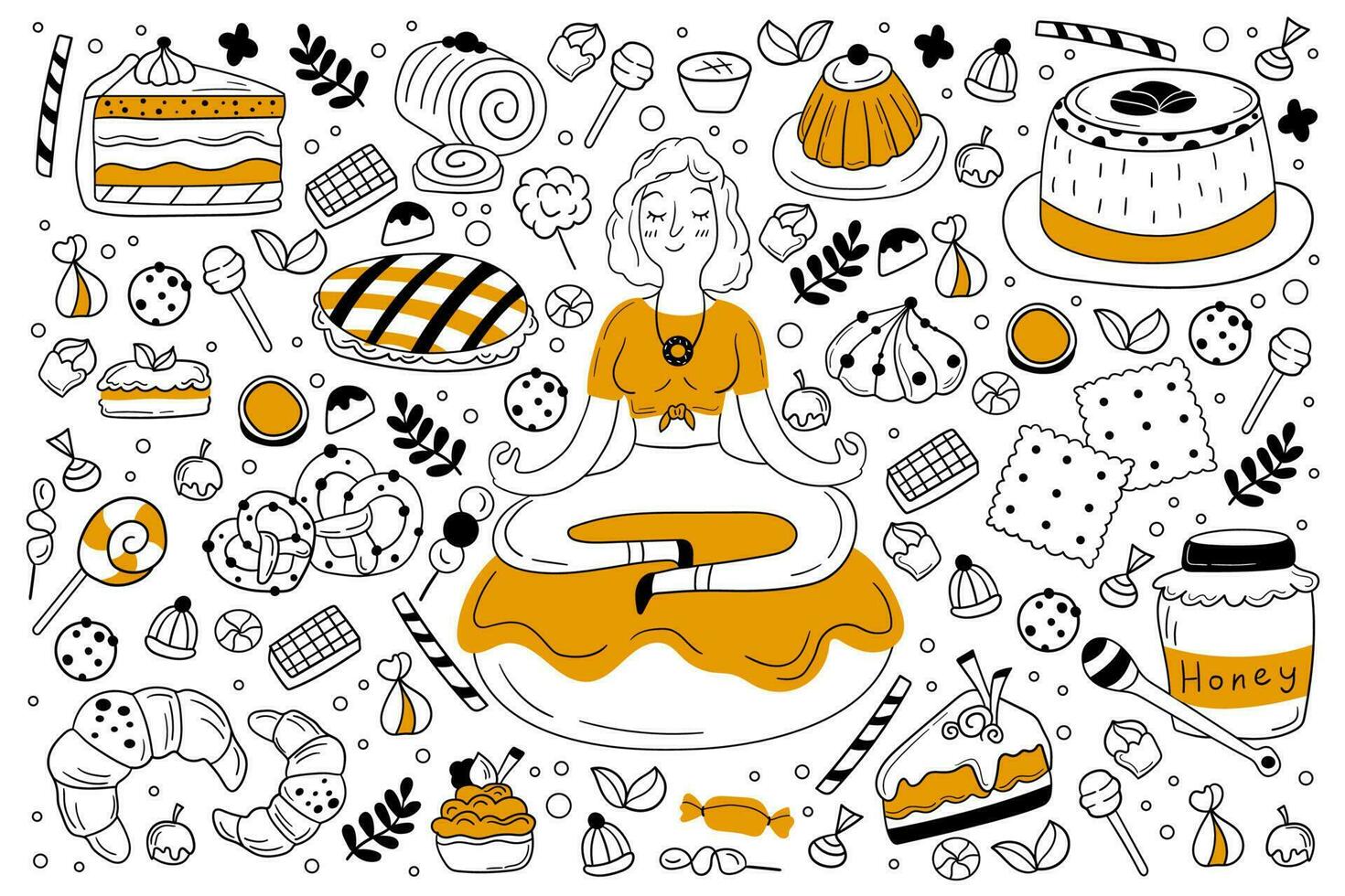 Sweets doodle set. Collection of hand drawn sketches templates of different delicious food desserts candies cake pie honey and lollipops. Unhealthy nutrition and lifestyle illustration. vector