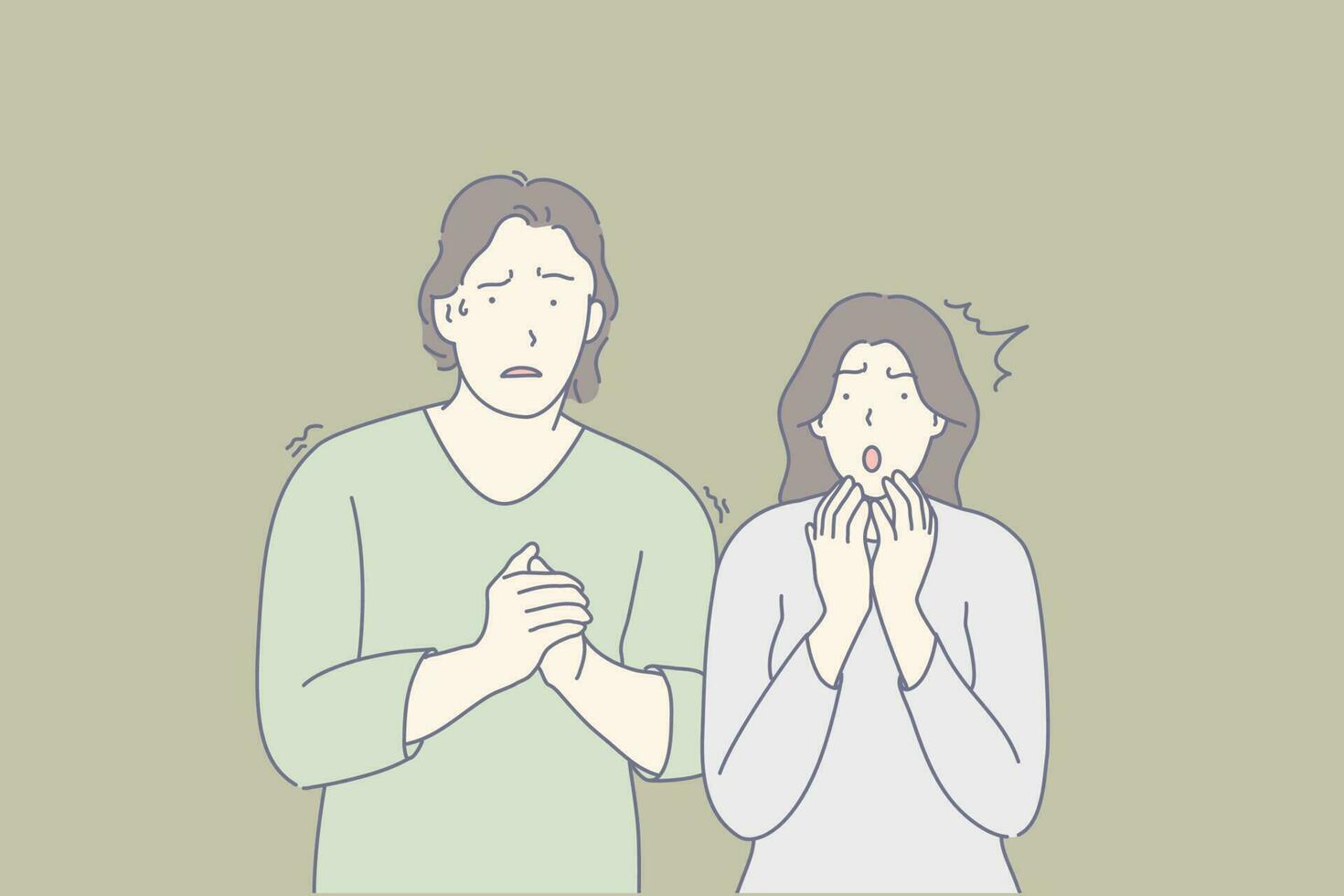 Frightened people, scared couple, shocked friends concept. Man and woman trembling with fear. Nervous guy sweating, clasping hands. Terrified lady panicking. Emotional tension. Simple flat vector