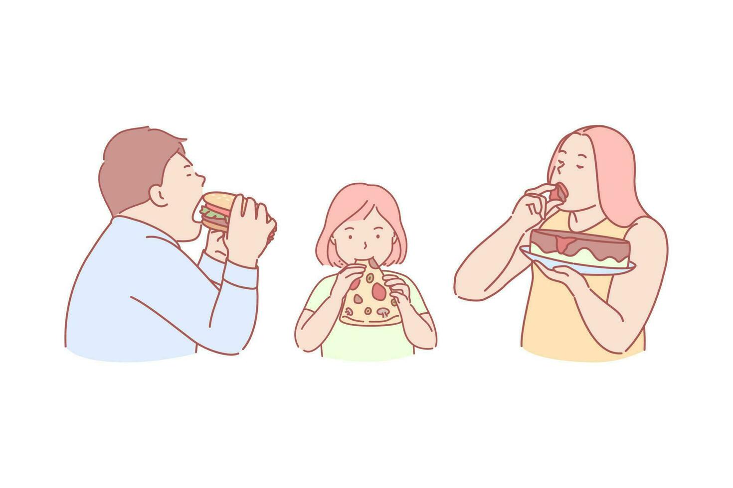 Fast food, taste, obesity, calories, concept. Family eating tasty, unhealthy, high caloric, harmful fast food together. Problem of extra calories consumption and obesity. Bad habit simple flat vector. vector