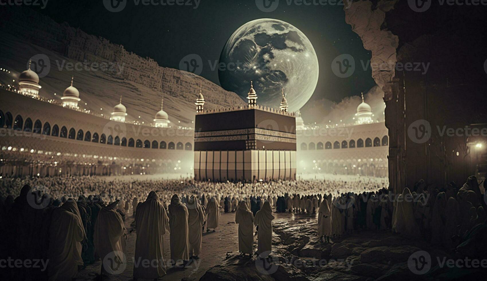 Beautiful kaaba hajj piglrimage in mecca, umra, eid al adha photo background illustration