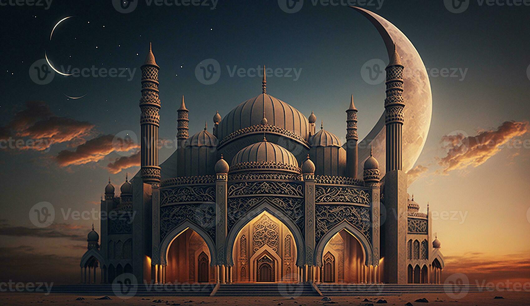 Beautiful mosque landscape and halfmoon for islamic background, poster, illustration photo