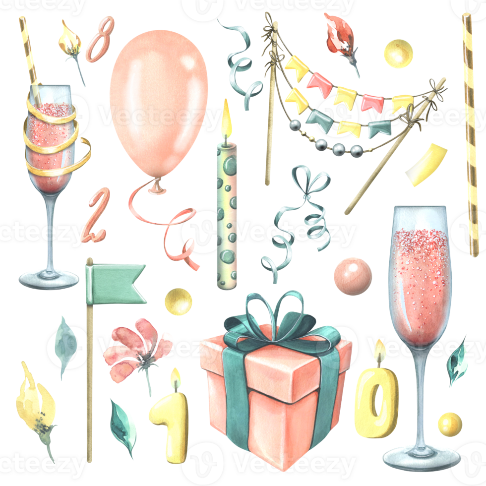 Festive set with blue gifts, pink champagne in bottles and glasses, balloons and confetti. Watercolor illustration, hand drawn. Isolated objects. Clip art png