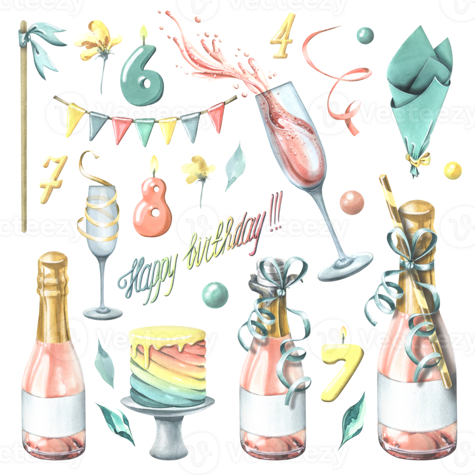 Festive set with pink champagne in bottles and glasses, with a cake, flags, confetti and numbers. Watercolor illustration, hand drawn. Isolated objects for birthday png