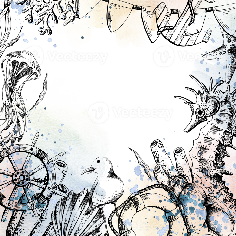 náutico cuadrado marco, modelo con mano dibujado caballo de mar, Medusa, corales, conchas marinas, ancla y timón, en contra el fondo de acuarela manchas y salpicaduras un ilustración dibujado por mano. png