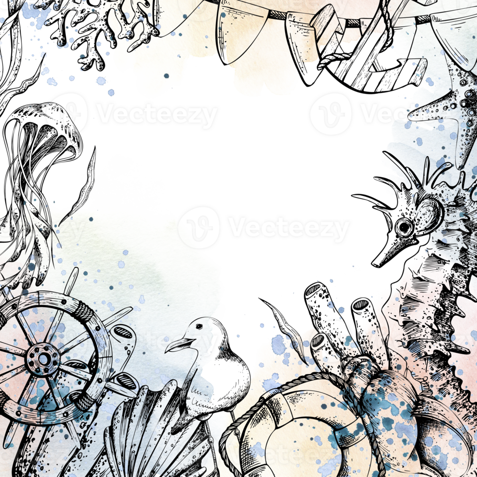 Nautical square frame, template with hand drawn seahorse, jellyfish, corals, seashells, anchor and rudder, against the backdrop of watercolor stains and splashes. An illustration drawn by hand. png