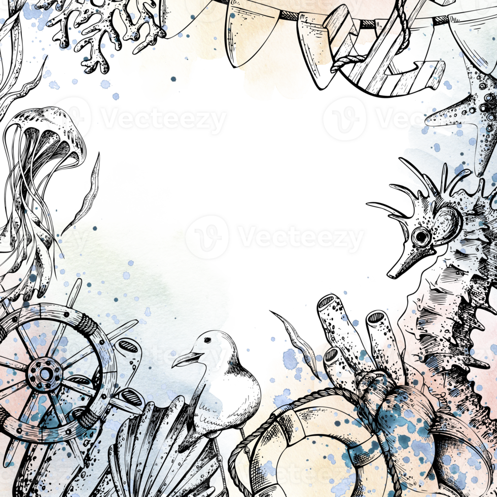 nautische plein kader, sjabloon met hand- getrokken zeepaardje, kwallen, koralen, schelpen, anker en roer, tegen de backdrop van waterverf vlekken en spatten. een illustratie getrokken door hand. png