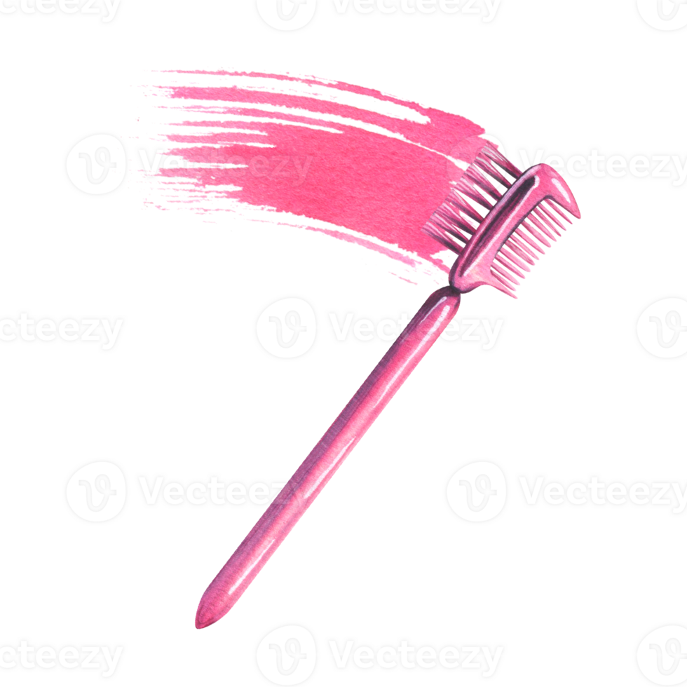 Brush for combing eyelashes and eyebrows with a smear of pink paint, mascara. Watercolor illustration, hand drawn. Isolated composition . png