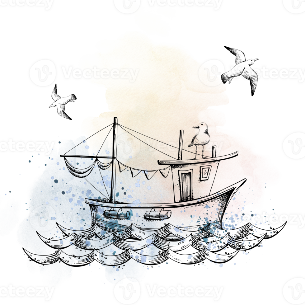 Sailing boat on the waves with sea gulls, isolated composition  hand drawn in graphic style. Watercolor illustration. For prints, posters, cards, stickers png