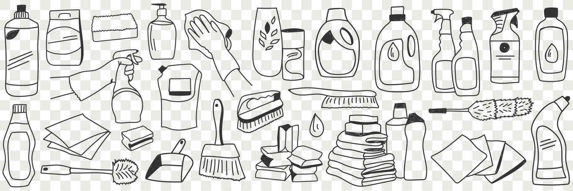 Housework equipment and tools doodle set. Collection of hand drawn various sprays brushes gloves liquids for cleaning and washing in rows isolated on transparent vector
