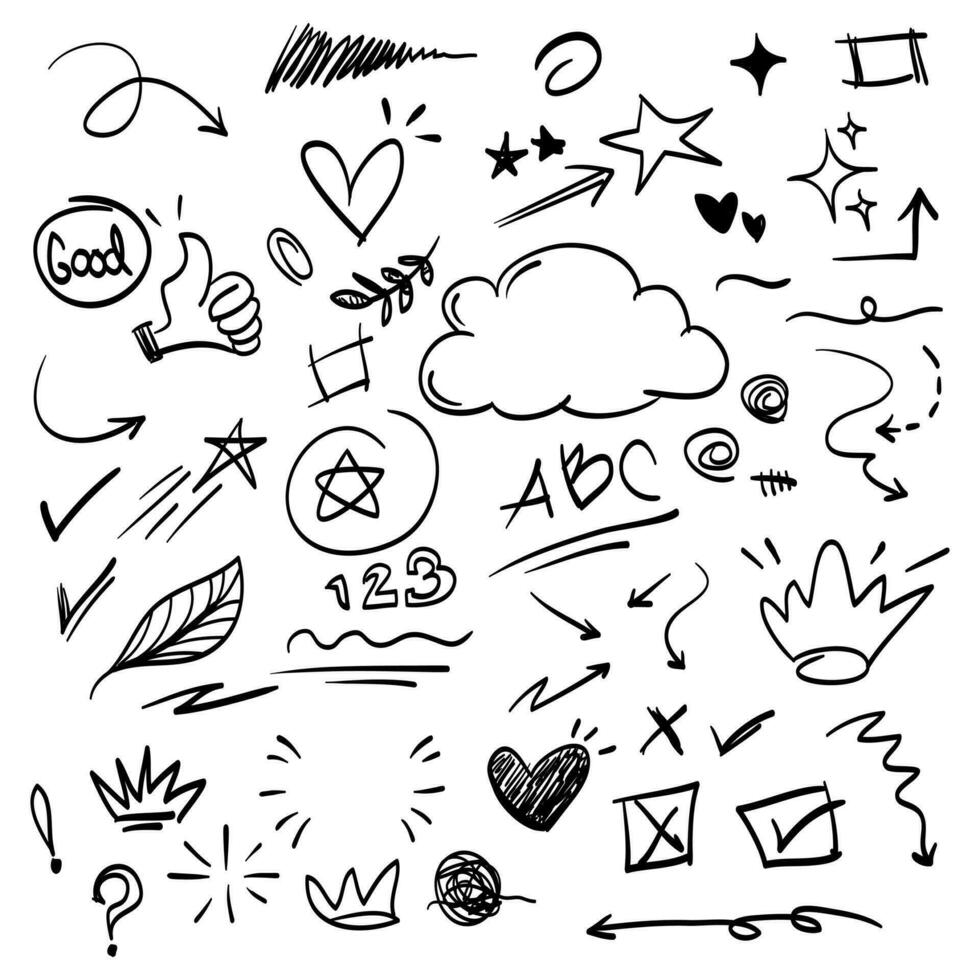 Doodle elements for concept design on set. isolated on white background. Infographic elements. Brush stroke, curly swishes, swoops, swirl, arrow, heart, crown, star, cloud. vector illustration.