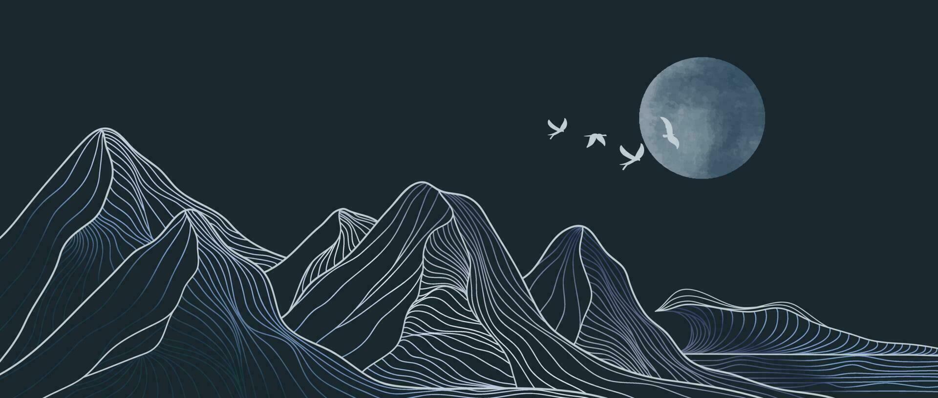 Hand drawn style of creative minimalist modern line art print. Abstract mountain contemporary aesthetic backgrounds landscapes. with mountain, skyline, ocean wave and blue moon. vector illustrations