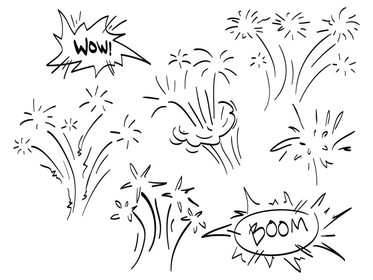 hand drawn of doodle firework, sunburst, explosion on set. doodle design element. vector illustration